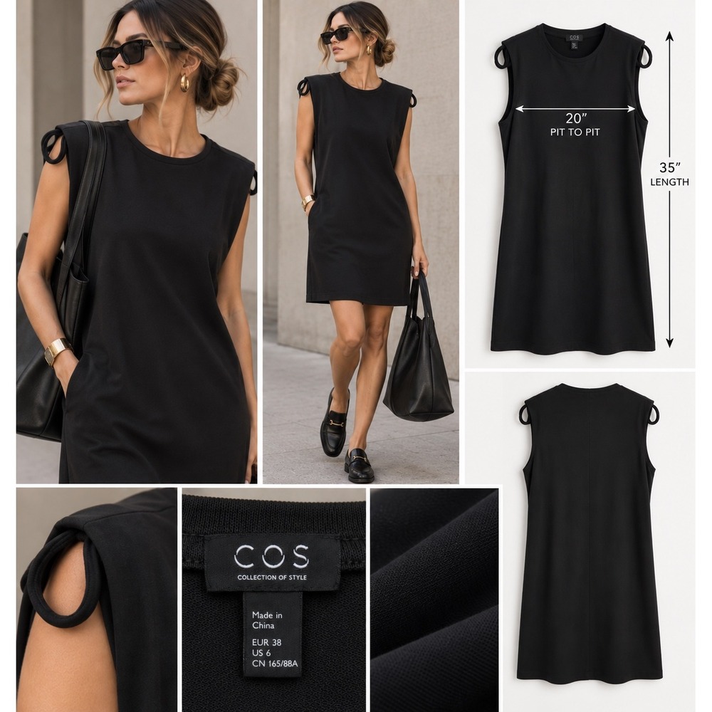 COS Black Shift Dress Architectural Minimalist Sleeveless Copenhagen Scandi 35"